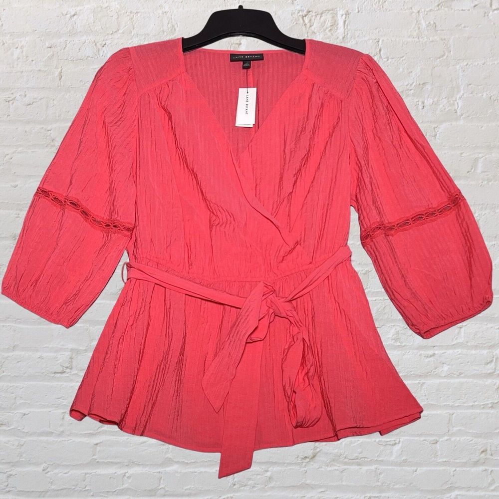 Lane Bryant Women's Crossover‎ Belted Blouse Size 18 Textured Coral Fairy NWT